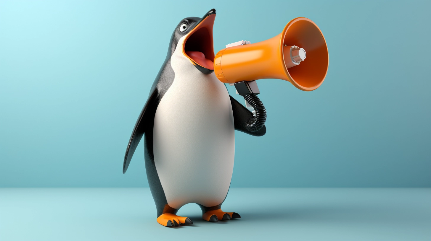 Linux nasıl okunur cümlesini betimlemek için yapay zeka Midjourney tarafından oluşturulmuş elinde megafon tutan Linux maskotu penguen